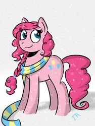 Size: 720x960 | Tagged: artist:when-we-say-goodbye, clothes, derpibooru import, pinkie pie, safe, scarf, snow, snowfall, solo