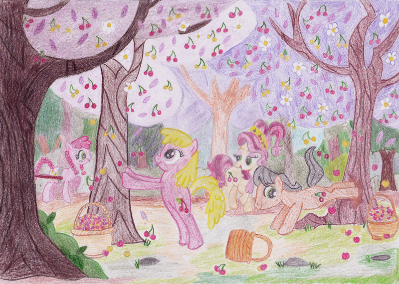 Size: 900x641 | Tagged: safe, artist:applejane218, derpibooru import, cherry berry, cherry cola, cherry fizzy, cherry jubilee, oc, oc:cherrietta, earth pony, pony, aunt jemima, background pony, bucking, cherry, cherry orchard, cherry tree, female, harvest, male, mare, orchard, parent:cherry jubilee, stallion, traditional art, tree, tree bucking, yellow cherry