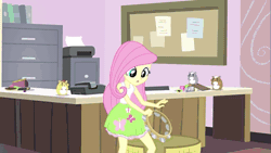 Size: 576x324 | Tagged: safe, derpibooru import, screencap, fluttershy, hamster, equestria girls, hamstocalypse now, rainbow rocks, animated, cute, musical instrument, open mouth, printer, smiling, solo, tambourine
