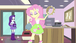 Size: 576x324 | Tagged: safe, derpibooru import, screencap, fluttershy, rarity, hamster, equestria girls, hamstocalypse now, rainbow rocks, animated, backpack, boots, bracelet, clothes, dancing, high heel boots, jewelry, musical instrument, skirt, socks, tambourine