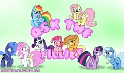 Size: 1500x886 | Tagged: artist needed, safe, artist:askthefillies, derpibooru import, applejack, fluttershy, pinkie pie, princess celestia, princess luna, rainbow dash, rarity, trixie, twilight sparkle, twilight sparkle (alicorn), alicorn, pony, ask the fillies, ask, boop, cewestia, cute, eye contact, eyes closed, female, filly, flying, frown, grin, grumpy, looking at you, mane six, mare, open mouth, oversized hat, raised eyebrow, raised hoof, self-boop, smiling, smirk, squee, surprised, tumblr, twin, unamused, waving, wide eyes, woona