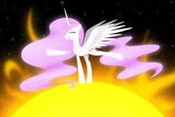 Size: 6000x4000 | Tagged: artist:flamevulture17, balancing, cute, cutelestia, derpibooru import, happy, pink mane, pink-mane celestia, princess celestia, raised hoof, raised leg, safe, smiling, solo, space, spread wings, sun, tangible heavenly object, walking on sunshine