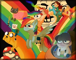 Size: 5000x4000 | Tagged: adventure time, all hail the saviors of american cartoons, aoshima, artist:fj-c, crossover, derpibooru import, finn the human, gravity falls, human, humans riding ponies, jake the dog, mabel pines, male, mass crossover, mega crossover, nyan cat, onwards aoshima, phineas and ferb, phineas flynn, pokéball, pokémon, rainbow dash, ride, rider, riding, safe, the inconveniencing, trollface