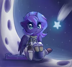 Size: 1533x1421 | Tagged: artist:suplolnope, astronaut, c:, cosmonaut, crescent moon, cute, filly, fluffy, moon, princess luna, russia, russian flag, s1 luna, safe, shooting star, sitting, smiling, solo, space, spacesuit, stars, tangible heavenly object, underhoof, woona, younger