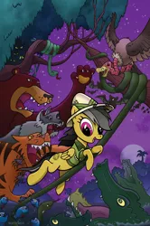 Size: 718x1079 | Tagged: safe, artist:billforster, derpibooru import, daring do, alligator, bat, bear, big cat, bird, crocodile, fish, snake, spider, tiger, vulture, wolf, animal, comic, cover, night, piranha, solo, tree