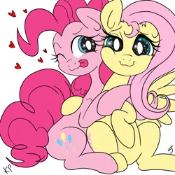 Size: 1500x1500 | Tagged: artist:kinkypinkie, artist:silver1kunai, cuddling, cute, derpibooru import, female, flutterpie, fluttershy, hug, lesbian, pinkie pie, safe, snuggling