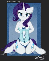 Size: 755x930 | Tagged: anthro, artist:daxhie, blue eyes, breasts, cleavage, clothes, corset, cutie mark, derpibooru import, female, horn, lingerie, long mane, panties, rarity, smiling, solo, solo female, suggestive, tail, underwear, unguligrade anthro