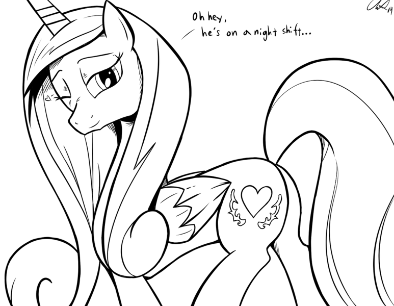 Size: 1280x994 | Tagged: artist:cs, bedroom eyes, derpibooru import, dialogue, grayscale, heart, implied infidelity, looking at you, looking back, lovebutt, monochrome, plot, princess cadance, simple background, smiling, solo, suggestive, wink