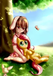 Size: 2430x3507 | Tagged: angel bunny, artist:dyoung, butterfly, derpibooru import, fluttershy, inaba tewi, safe, shade, snuggling, sunbathing, sunshine, touhou