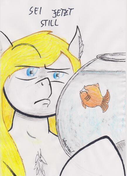 Size: 2508x3465 | Tagged: artist:submaximal, blonde, derpibooru import, fish, fishbowl, oc, oc:aryanne, safe, solo, traditional art, unofficial characters only, water