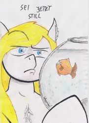 Size: 2508x3465 | Tagged: artist:submaximal, blonde, derpibooru import, fish, fishbowl, oc, oc:aryanne, safe, solo, traditional art, unofficial characters only, water