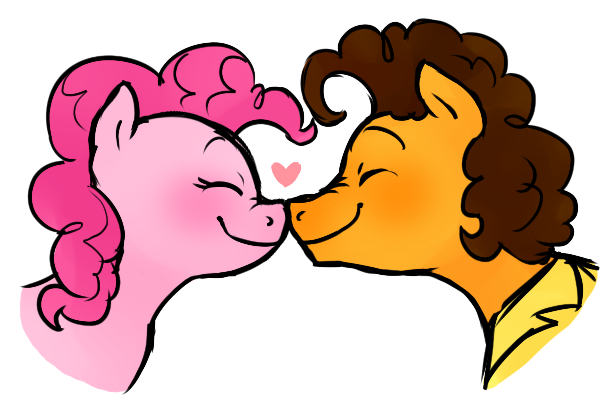 Size: 609x419 | Tagged: safe, artist:hpwendiz, derpibooru import, cheese sandwich, pinkie pie, blushing, boop, cheesepie, eyes closed, female, heart, male, nose wrinkle, noseboop, shipping, smiling, straight