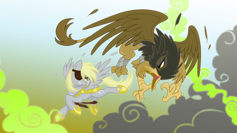 Size: 2000x1125 | Tagged: safe, artist:equestria-prevails, derpibooru import, derpy hooves, gryphon, pegasus, pony, badass, epic derpy, eyepatch, feather, female, fight, food chain, general derpy, glare, gritted teeth, herbivore vs carnivore, mare, open mouth, predator, predator vs prey, prey, spread wings