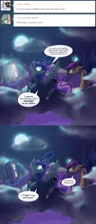 Size: 635x1482 | Tagged: safe, artist:darkflame75, derpibooru import, princess luna, scootaloo, alicorn, bat pony, pony, bat ponified, cloud, comic, dialogue, duo, duo female, female, magic, pun, scootabat, student of the night, telekinesis, tumblr