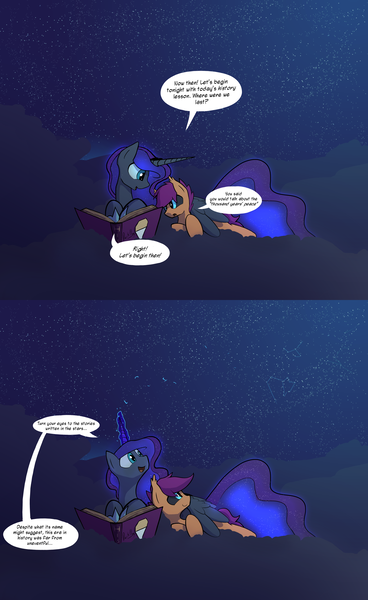 Size: 5100x8308 | Tagged: safe, artist:darkflame75, derpibooru import, princess luna, scootaloo, alicorn, bat pony, pony, absurd resolution, bat ponified, book, constellation, duo, female, filly, hug, image, looking at each other, mare, night, png, scootabat, stars, student of the night, tumblr, winghug
