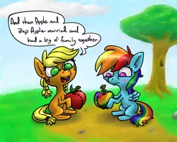 Size: 1000x800 | Tagged: safe, artist:rawrienstein, derpibooru import, applejack, rainbow dash, apple, appledash, doll, female, filly, implied appledash, implied shipping, lesbian, playing, shipping, that pony sure does love apples, zap apple