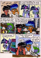 Size: 1369x1944 | Tagged: safe, artist:newyorkx3, derpibooru import, flash sentry, spike, twilight sparkle, twilight sparkle (alicorn), oc, oc:tommy, alicorn, dragon, pony, comic:twilight and the big city, comic, facepalm, female, food, male, mare, nom, non-mlp oc, salad, sandwich, self insert, traditional art