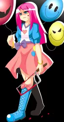 Size: 630x1200 | Tagged: semi-grimdark, artist:tyaramu, derpibooru import, pinkie pie, equestria girls, blood, discord balloon, hacksaw, humanized, pinkamena diane pie, pixiv, saw, solo