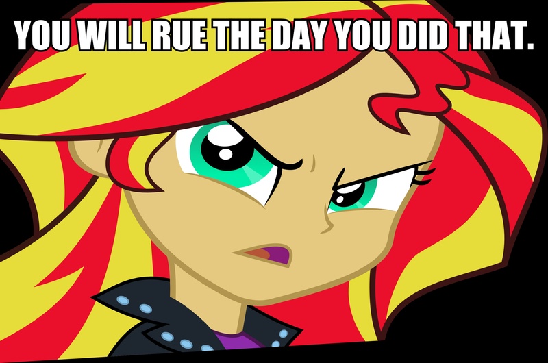 Size: 2748x1821 | Tagged: safe, derpibooru import, sunset shimmer, equestria girls, cheers, image macro, meme, solo, threat