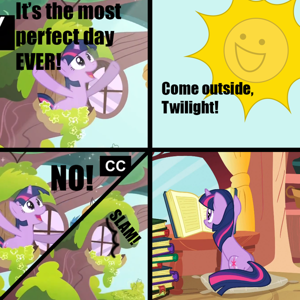 Size: 910x910 | Tagged: safe, derpibooru import, edit, edited screencap, screencap, twilight sparkle, pony, unicorn, magical mystery cure, book, caption, come outside chris, comic, female, humor, image macro, mare, reading, slice of life, solo, sun, text, unicorn twilight