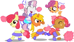 Size: 1024x583 | Tagged: apple bloom, artist:bigdream64, babs seed, cheerleader, clothes, crossover, cutie mark crusaders, derpibooru import, elite beat agents, midriff, oc, pom pom, rhythm game, safe, scootaloo, simple background, skirt, sweetie belle, transparent background, vector