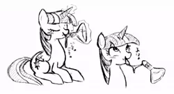 Size: 1012x552 | Tagged: suggestive, artist:tebasaki, derpibooru import, twilight sparkle, twilight sparkle (alicorn), alicorn, pony, ahegao, blushing, drinking, drool, drool string, eyes closed, female, flashback potion, grayscale, japanese, mare, monochrome, not milk, prone, simple background, solo, solo female, traditional art, white background