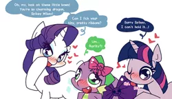 Size: 500x288 | Tagged: safe, artist:panyang-panyang, derpibooru import, rarity, spike, twilight sparkle, blushing, dialogue, female, heart, licking, male, ribbon, shipping, simple background, sparity, speech bubble, spike gets all the mares, straight, twisparity, twispike, wat