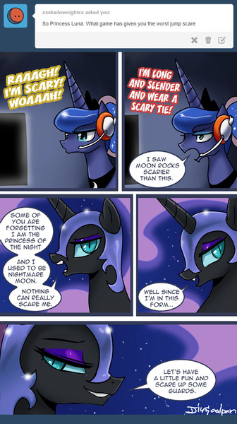 Size: 600x1072 | Tagged: artist:johnjoseco, ask, ask gaming princess luna, blushing, comic, derpibooru import, gamer luna, implied slenderman, lunaughty, lusty luna, moluna, nightmare luna, nightmare moon, princess luna, safe, stupid sexy nightmare moon, tumblr