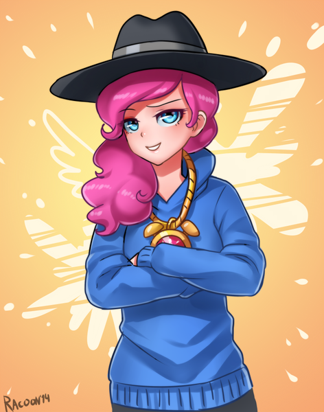 Size: 700x890 | Tagged: artist:racoonsan, clothes, female, hat, human, humanized, looking at you, pinkie pie, rapper pie, safe, smiling, solo, testing testing 1-2-3