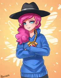 Size: 700x890 | Tagged: artist:racoonsan, clothes, female, hat, human, humanized, looking at you, pinkie pie, rapper pie, safe, smiling, solo, testing testing 1-2-3