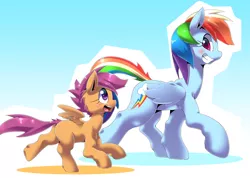 Size: 1280x909 | Tagged: dead source, safe, artist:oze, derpibooru import, rainbow dash, scootaloo, pegasus, pony, abstract background, blushing, chase, female, filly, mare, open mouth, raised hoof, running, scootalove, simple background, size difference, smiling, spread wings