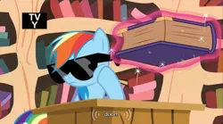 Size: 500x277 | Tagged: derpibooru import, doom, meme, rainbow dash, safe, screencap, solo, sunglasses, testing testing 1-2-3, youtube caption