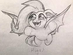 Size: 1032x774 | Tagged: :3, artist:privia, bronybait, chibi, cute, derpibooru import, fangs, flutterbat, fluttershy, flying, hug, hug request, monochrome, open mouth, safe, shyabetes, sketch, smiling, solo, spread wings, traditional art