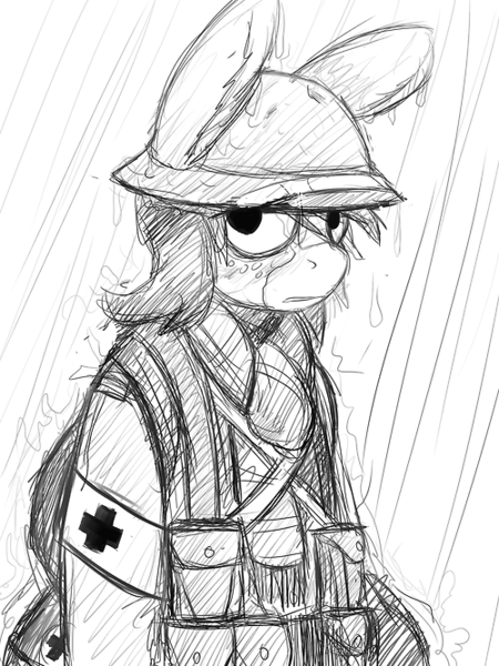 Size: 500x667 | Tagged: safe, artist:gordonfreeguy, derpibooru import, oc, oc:charlie foxtrot, unofficial characters only, mule, pony, bipedal, clothes, combat medic, helmet, medic, military, monochrome, rain, solo, uniform