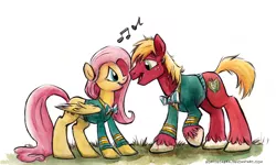 Size: 760x456 | Tagged: safe, artist:kenket, artist:spainfischer, derpibooru import, big macintosh, fluttershy, earth pony, pony, bottomless, clothes, duo, fluttermac, male, music notes, partial nudity, ponytones, ponytones outfit, shipping, singing, smiling, stallion, straight, sweater, sweatershy, traditional art