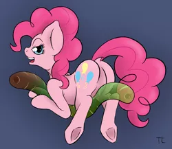 Size: 1379x1197 | Tagged: suggestive, artist:thexiiilightning, derpibooru import, pinkie pie, earth pony, pony, bedroom eyes, dock, featureless crotch, female, gummy worm, looking at you, plot, raised tail, solo, solo female, underhoof