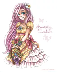 Size: 1156x1460 | Tagged: artist:semehammer, basket, clothes, derpibooru import, dress, easter, fluttershy, human, humanized, safe, solo, traditional art