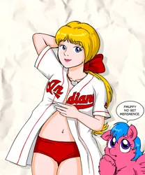 Size: 800x960 | Tagged: artist:marcusmaximus, baseball, beautiful, beautisexy, belly button, breasts, cleveland indians, clothes, derpibooru import, female, firefly, fluffy pony, g1, human, megan williams, midriff, mlb, open clothes, open shirt, panties, sexy, shirt, shorts, solo, solo female, suggestive, underwear