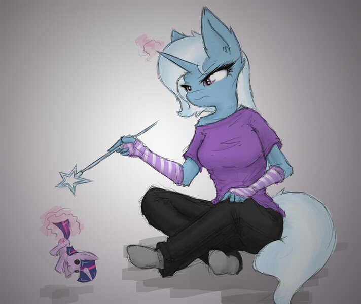 Size: 974x821 | Tagged: anthro, artist:ninjapony, clothes, derpibooru import, magic, missing shoes, plushie, safe, socks, solo, trixie, twilight sparkle, twilight sparkle plushie, wand