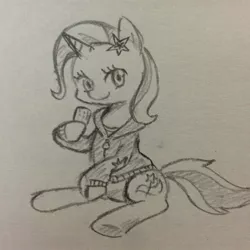 Size: 1024x1024 | Tagged: safe, artist:tebasaki, derpibooru import, trixie, pony, unicorn, clothes, equestria girls outfit, female, grayscale, hoodie, mare, monochrome, peanut butter crackers, sitting, solo, traditional art