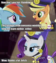 Size: 500x563 | Tagged: safe, derpibooru import, edited screencap, screencap, applejack, colonel purple dart, rainbow dash, rarity, earth pony, pegasus, pony, unicorn, testing testing 1-2-3, ancient wonderbolts uniform, brutal honesty, clothes, comic, female, funny, hat, hub logo, mare, rarity is not amused, screencap comic, sgt. rarity, uniform, vulgar