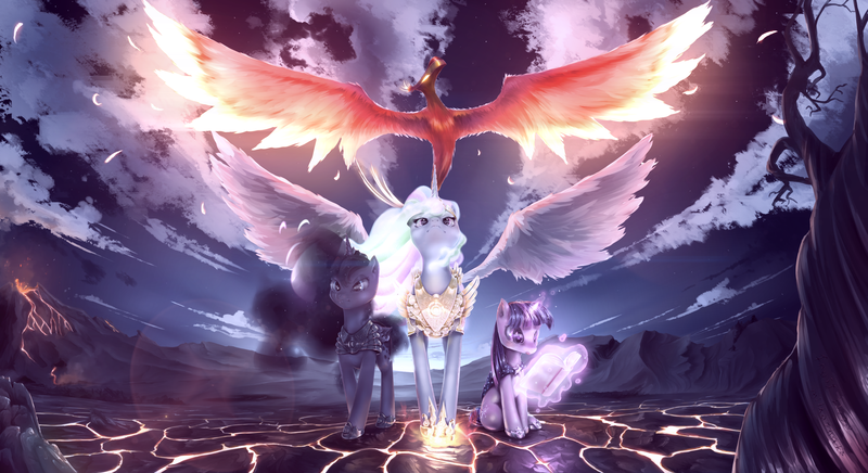 Size: 2933x1600 | Tagged: safe, artist:fruitbloodmilkshake, derpibooru import, philomena, princess celestia, princess luna, twilight sparkle, alicorn, phoenix, pony, unicorn, book, cloud, epic, female, glow, jewelry, levitation, magic, magic aura, mare, pet, regalia, scenery, sky, spread wings, telekinesis, unicorn twilight, vertigo, volcano