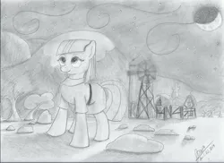 Size: 3507x2550 | Tagged: safe, artist:hoseakm, artist:josexm, derpibooru import, maud pie, monochrome, night, rock farm, sketch, solo, traditional art