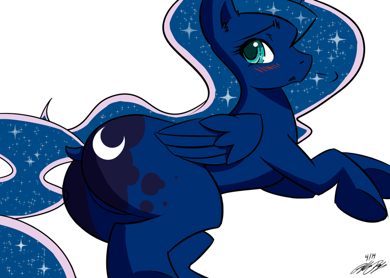 Size: 2450x1750 | Tagged: suggestive, artist:the-unicorn-lord, derpibooru import, princess luna, blushing, dock, female, moonbutt, plot, prone, simple background, sketch, solo, solo female, underhoof