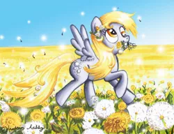 Size: 800x615 | Tagged: safe, artist:for-he-who-is-grand, derpibooru import, derpy hooves, pegasus, pony, dandelion, female, field, flower, flower in mouth, grin, mare, mouth hold, signature, smiling, solo