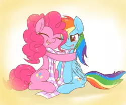 Size: 600x500 | Tagged: safe, artist:ard747, derpibooru import, pinkie pie, rainbow dash, blushing, clothes, cute, female, hug, lesbian, pinkiedash, pixiv, scarf, shared clothing, shared scarf, sharing, shipping, snuggling