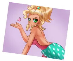 Size: 1229x1023 | Tagged: alternate hairstyle, applejack, applejewel, artist:racoonsan, back, bare shoulders, blowing a kiss, clothes, dress, duckface, female, freckles, heart, human, humanized, looking at you, looking back, pictogram, raised eyebrow, safe, scene interpretation, simple ways, sleeveless, solo, strapless, stupid sexy applejack