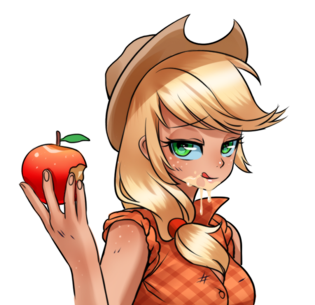 Size: 879x849 | Tagged: safe, artist:racoonsan, derpibooru import, applejack, human, simple ways, apple, bedroom eyes, breasts, busty applejack, eating, female, freckles, humanized, implying, juice, juicy, licking lips, looking at you, messy eating, rolled up sleeves, scene interpretation, shoulder freckles, simple background, smiling, solo, tan, tongue out, white background