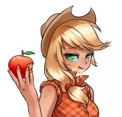 Size: 879x849 | Tagged: safe, artist:racoonsan, derpibooru import, applejack, human, simple ways, apple, bedroom eyes, breasts, busty applejack, eating, female, freckles, humanized, implying, juice, juicy, licking lips, looking at you, messy eating, rolled up sleeves, scene interpretation, shoulder freckles, simple background, smiling, solo, tan, tongue out, white background