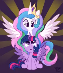 Size: 1975x2263 | Tagged: safe, artist:wildberry-poptart, derpibooru import, princess celestia, twilight sparkle, twilight sparkle (alicorn), alicorn, pony, crown, cute, cutelestia, duo, ethereal mane, ethereal tail, female, floppy ears, flowing mane, flowing tail, jewelry, looking at each other, mare, multicolored mane, multicolored tail, purple eyes, regalia, sitting, spread wings, teacher and student, tiara, twiabetes, wings